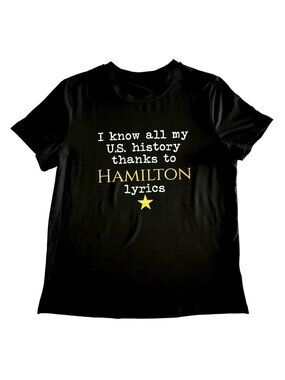 Hamilton Lyrics Tee Womens Size L Black Loose Fit Broadway Theater Shirt